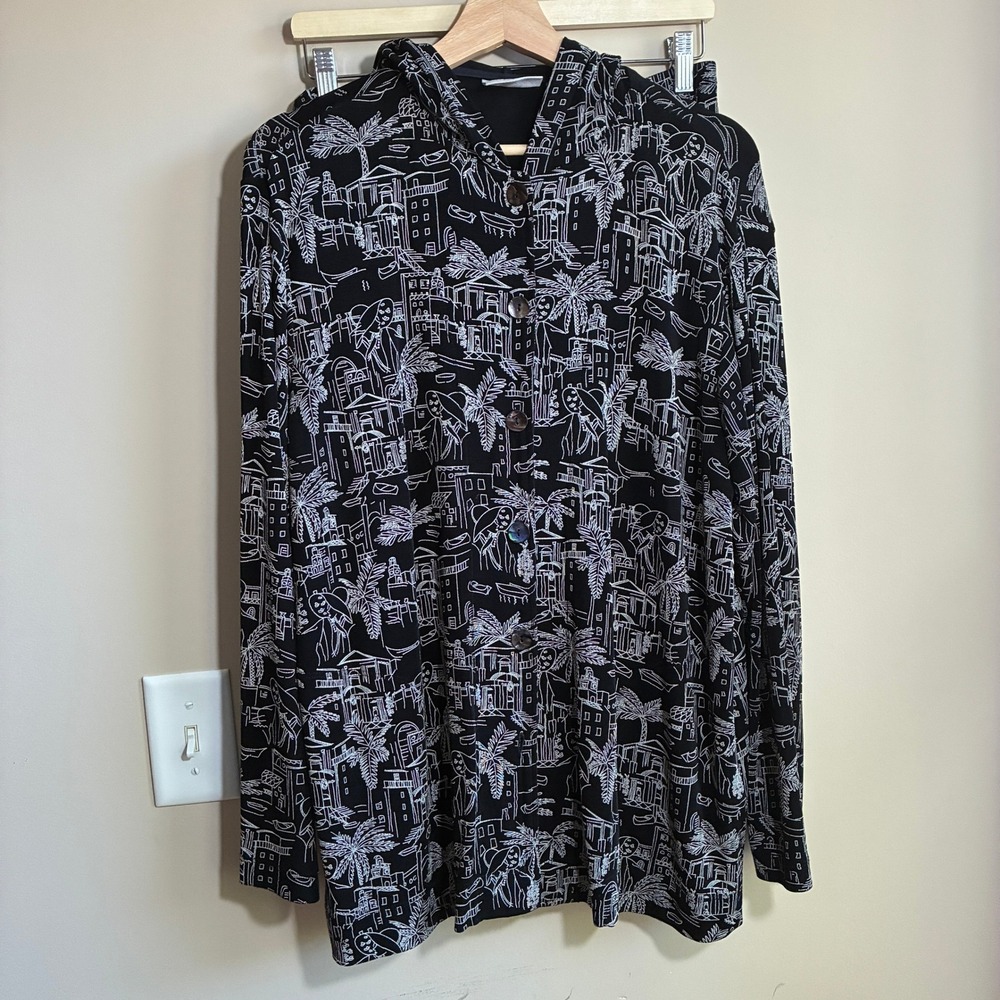 Chico's Travelers 2 Piece Skirt Set Size 2 Black White Village Print Women Large